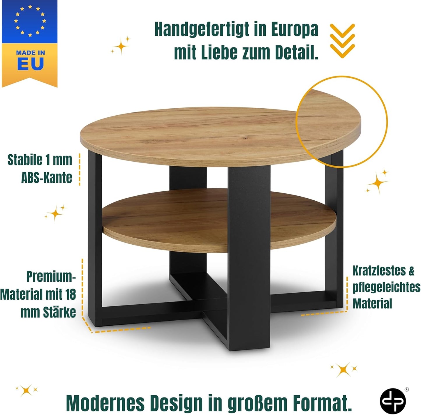 Runder Couchtisch mit Ablage, Schwarz & Eiche Durchmesser: 68CM