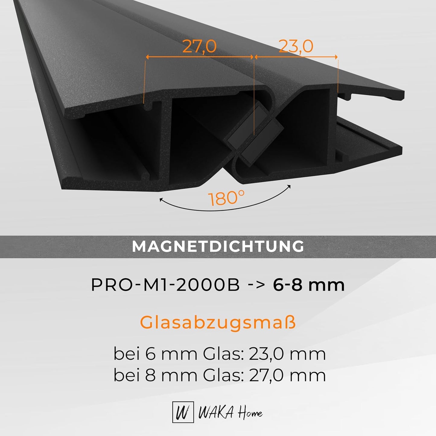 Magnet-Duschdichtung für Glastüren, Schwarz 6-8mm Glas | 90/180°