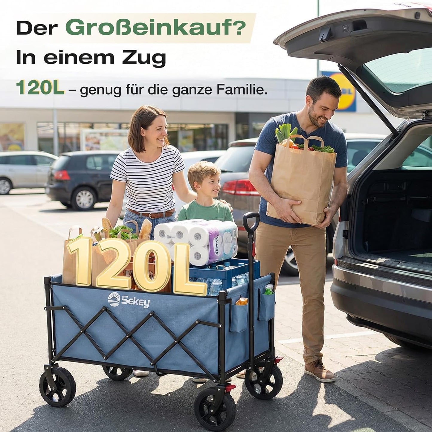 Faltbarer Bollerwagen mit Bremse 120L 100kg, Blau 120L