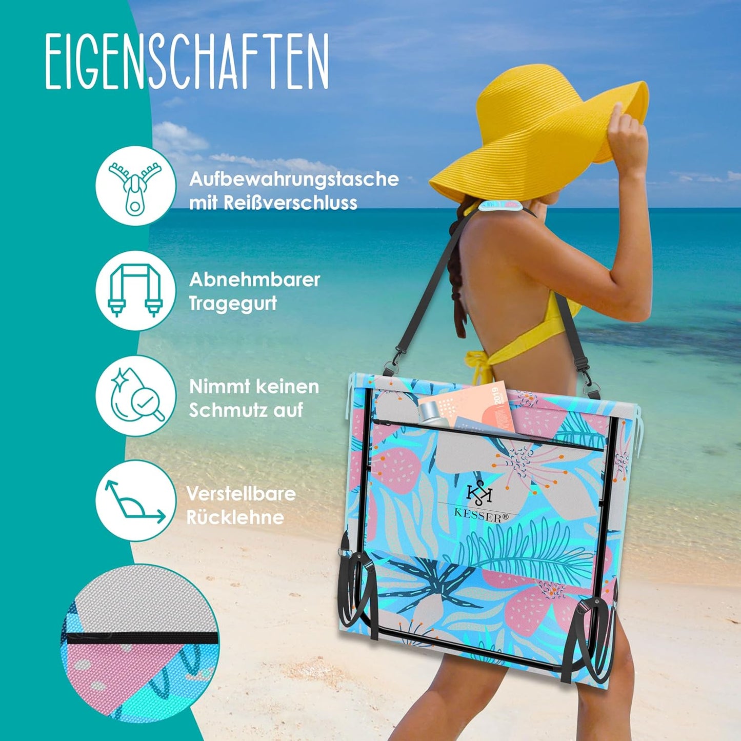 Klappbare Strandmatte mit verstellbarer Rückenlehne und Tragegurt, 1 Stück Hellblau