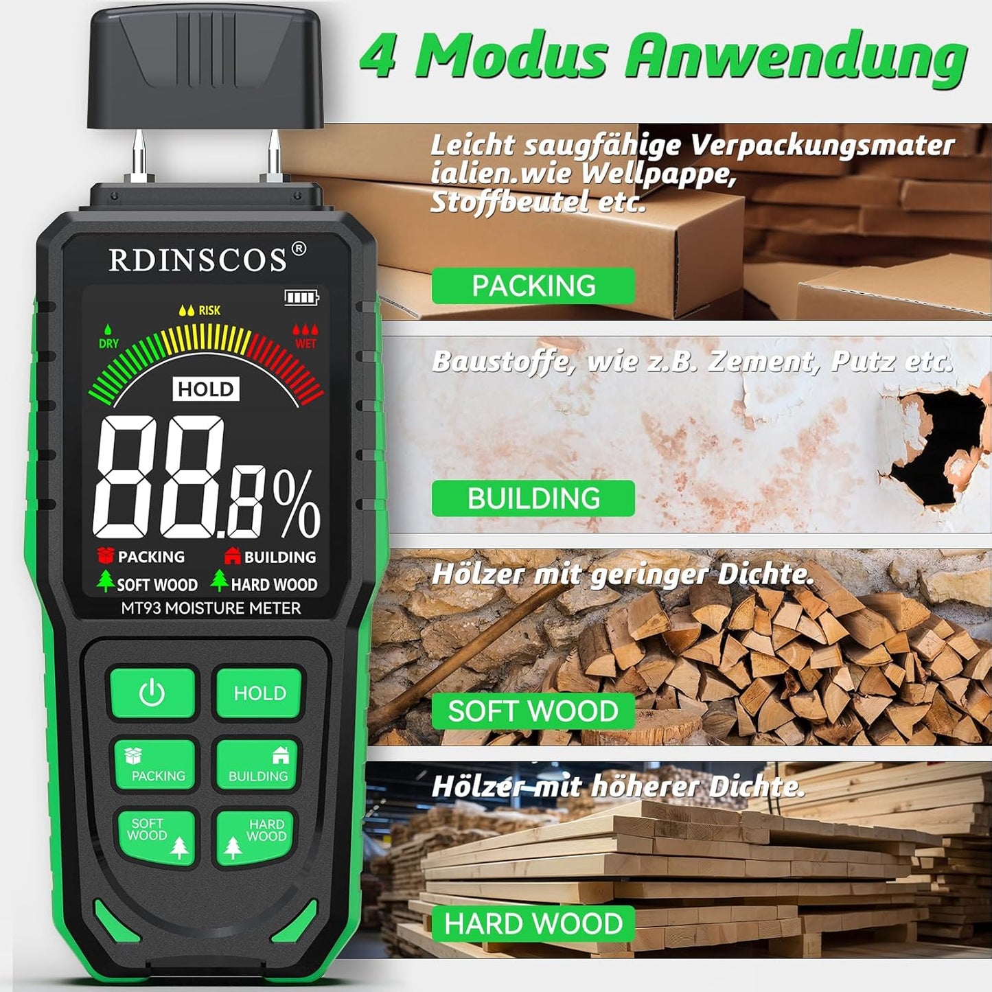 Holzfeuchtemessgerät MT93, Pin-grüner