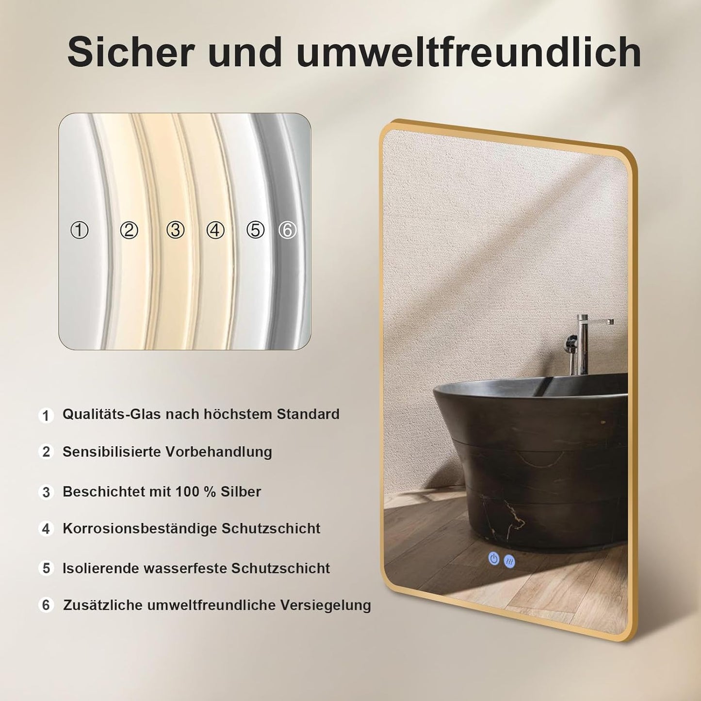 Badspiegel mit LED-Beleuchtung und Antibeschlag, Gold 6_beschlagfrei