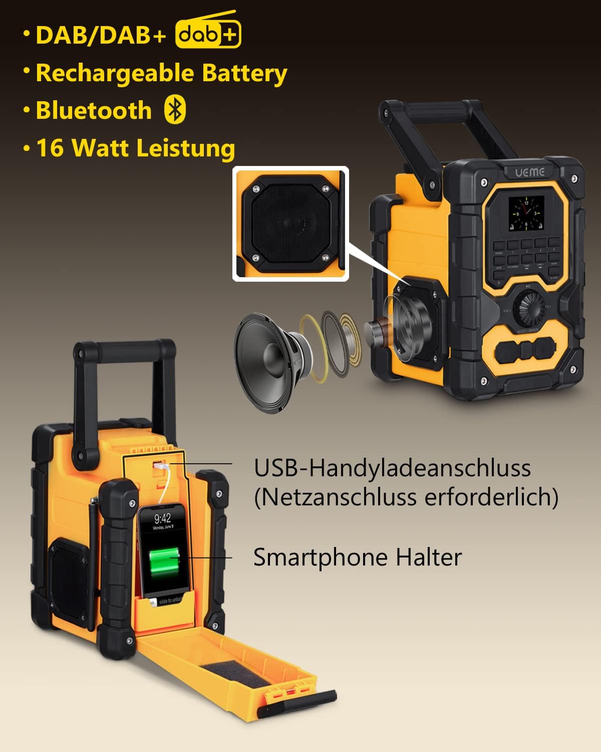 Baustellenradio mit Bluetooth und Powerbank, Gelb-Schwarz