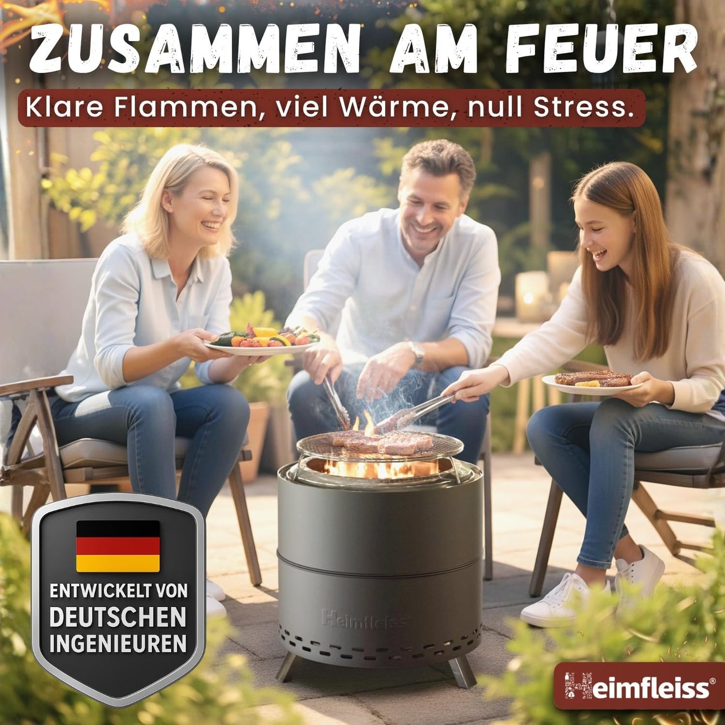 Rauchfreie Feuerschale mit Grillrost, Ø 50 cm Schwarz
