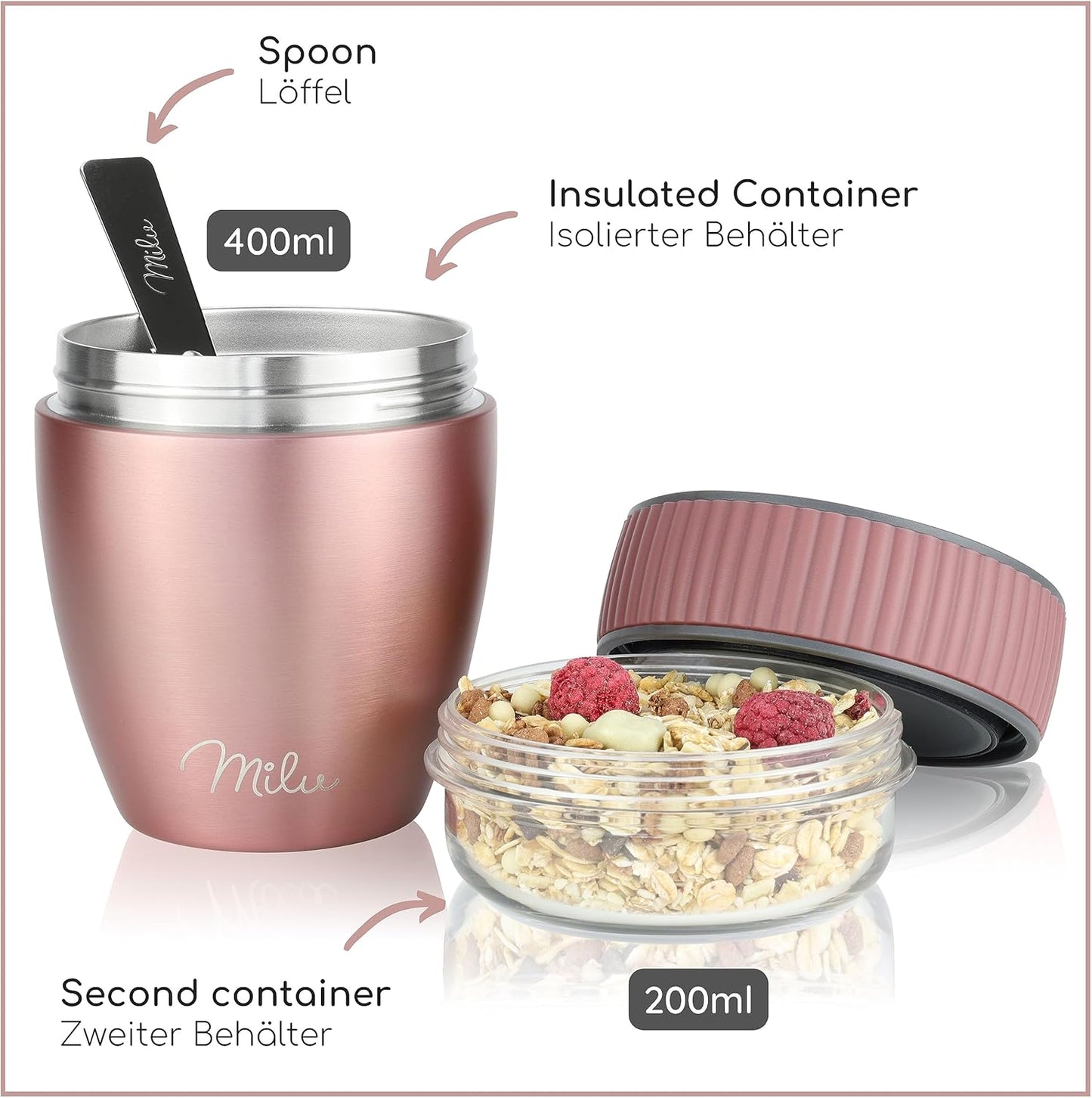 Müslibecher to go mit Löffel, Rose Gold Edelstahl