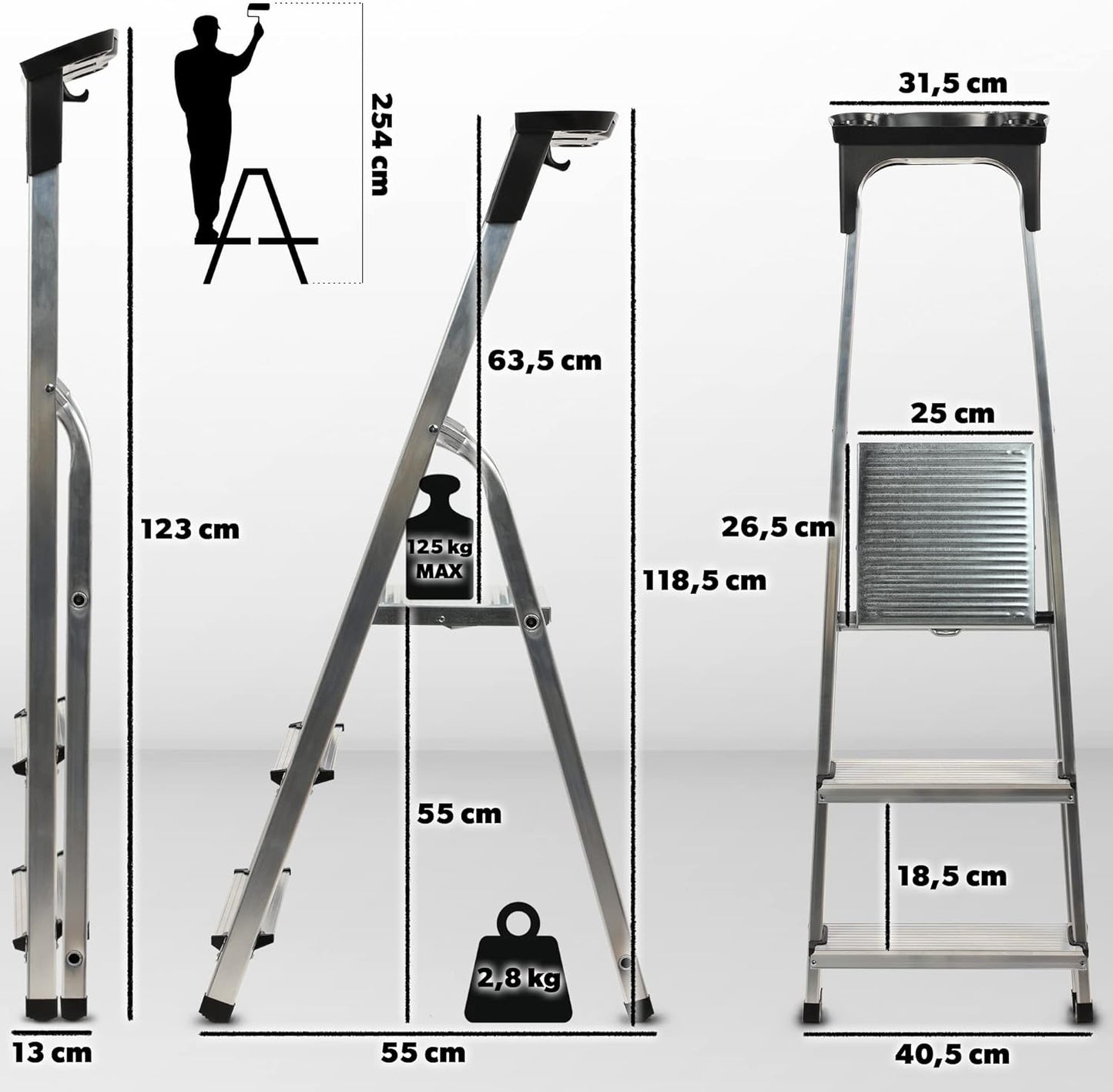Klappbare Stehleiter mit 3 Stufen und Ablage, 3 Stufen
