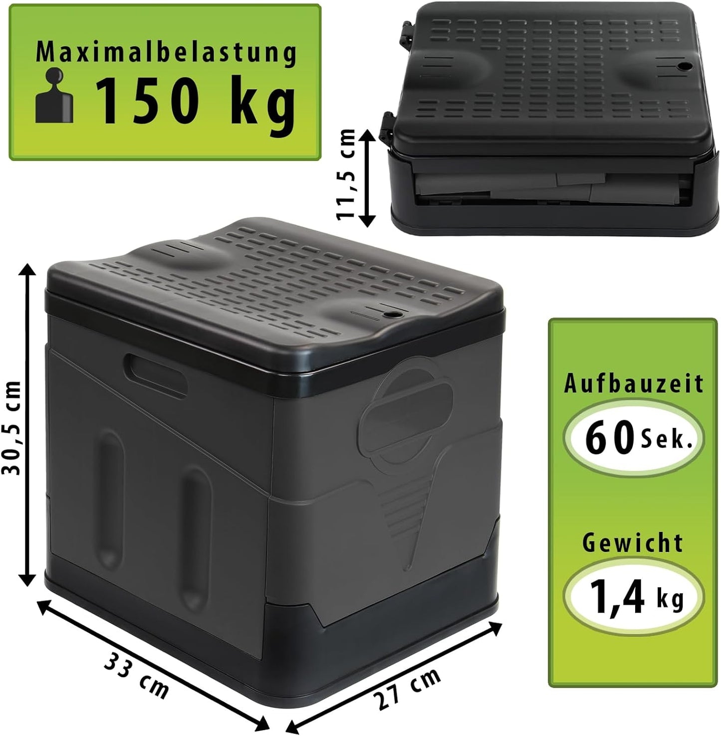 Faltbare Campingtoilette mit 12 Beuteln, grau/schwarz