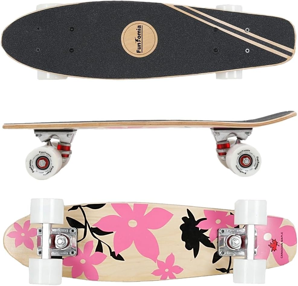 Mini-Board Cruiser, Pink Blume / mit weissen Rollen