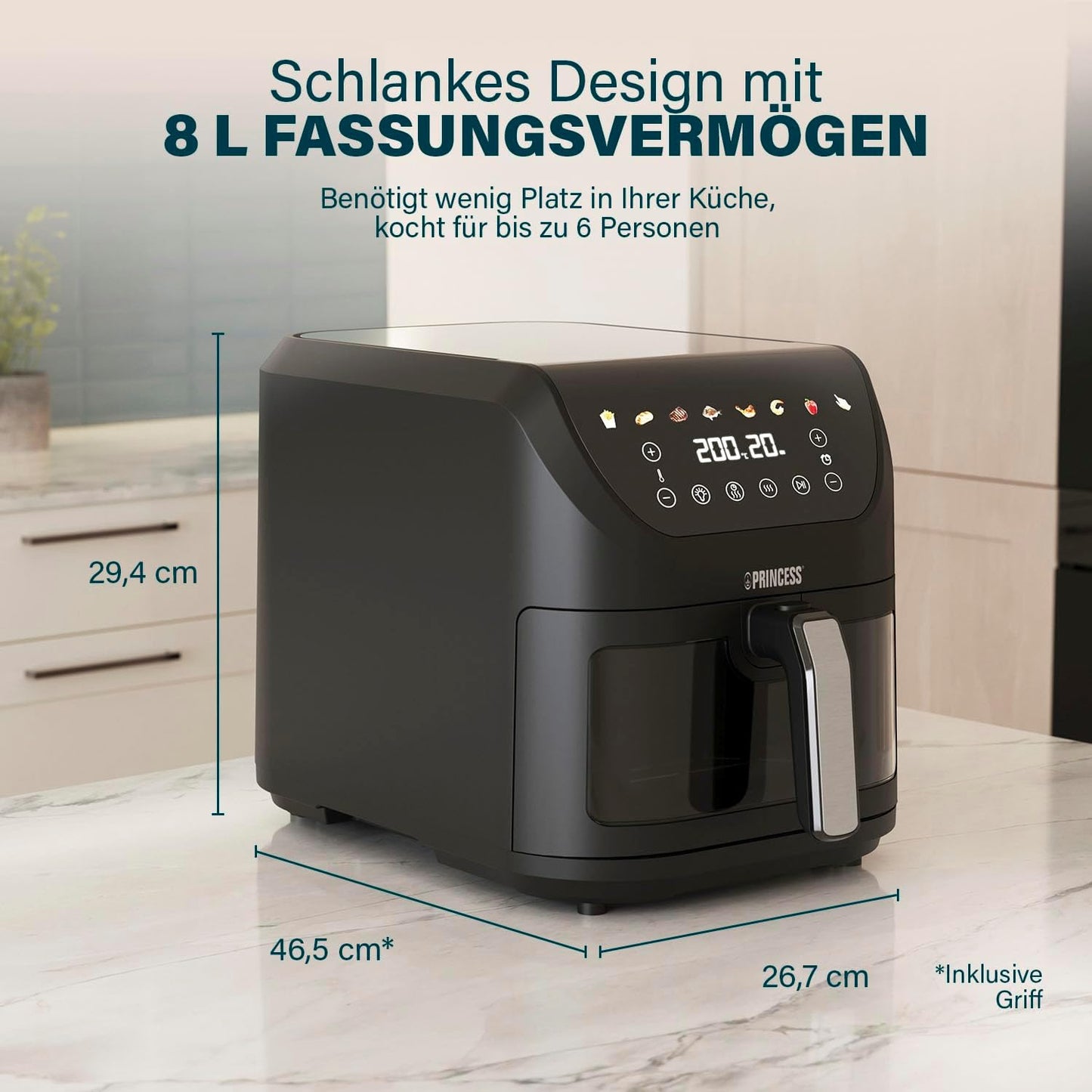 SlimFry Airfryer mit 8 Programmen, Bunte Symbole 8 l