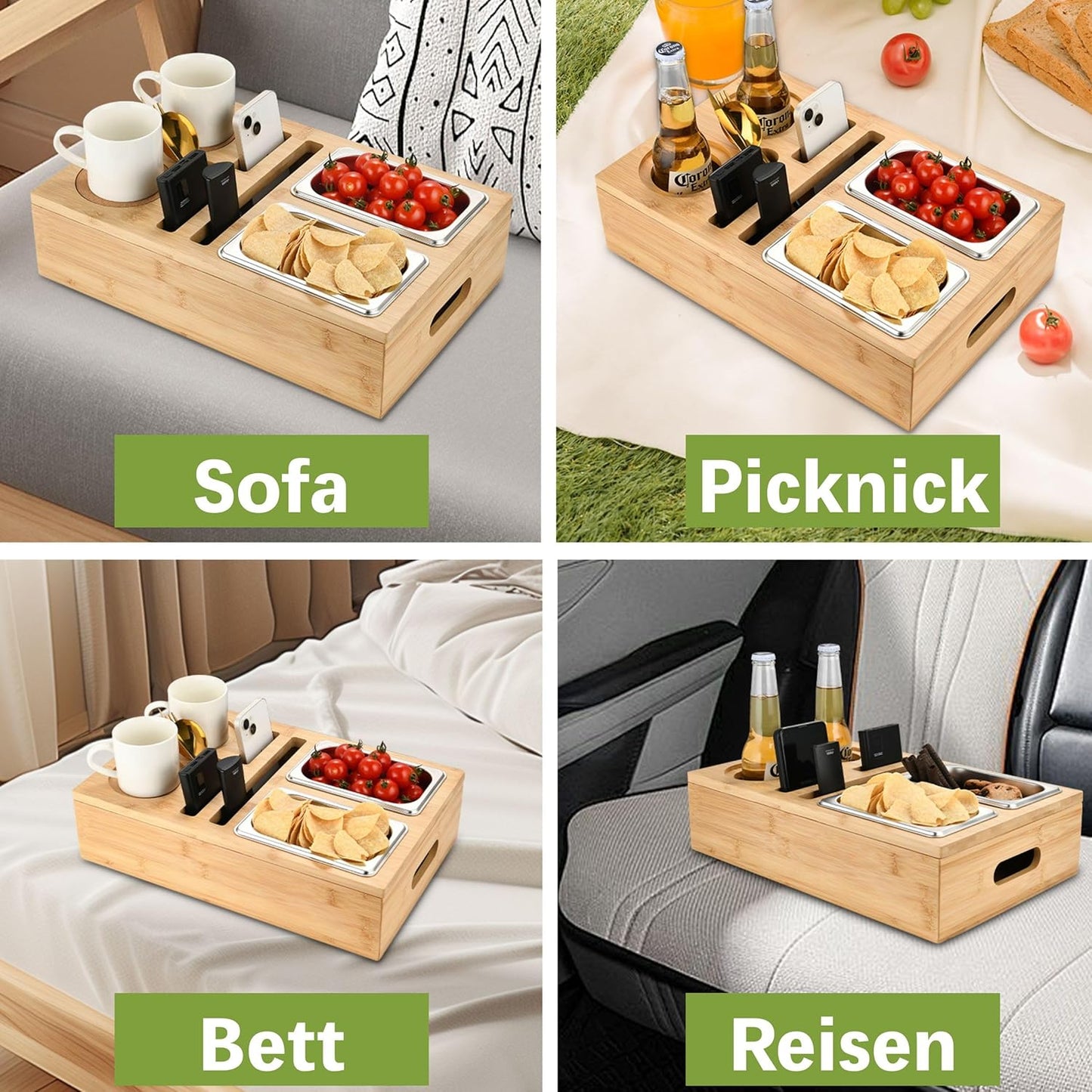 Bambus Sofatablett & Organizer mit Edelstahl-Schalen
