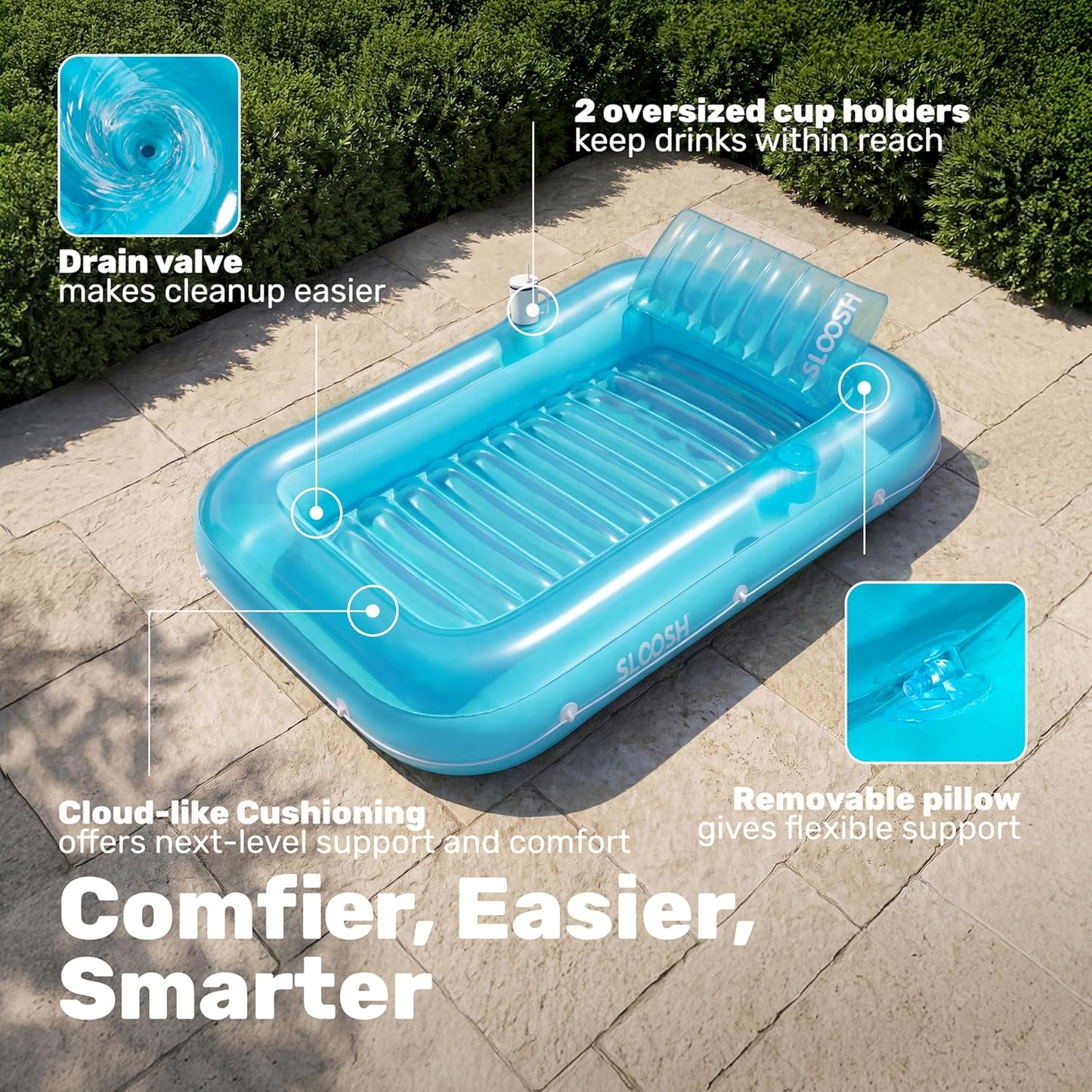 Aufblasbarer Sonnenpool mit abnehmbarem Kissen und Getränkehalter, Blau XL