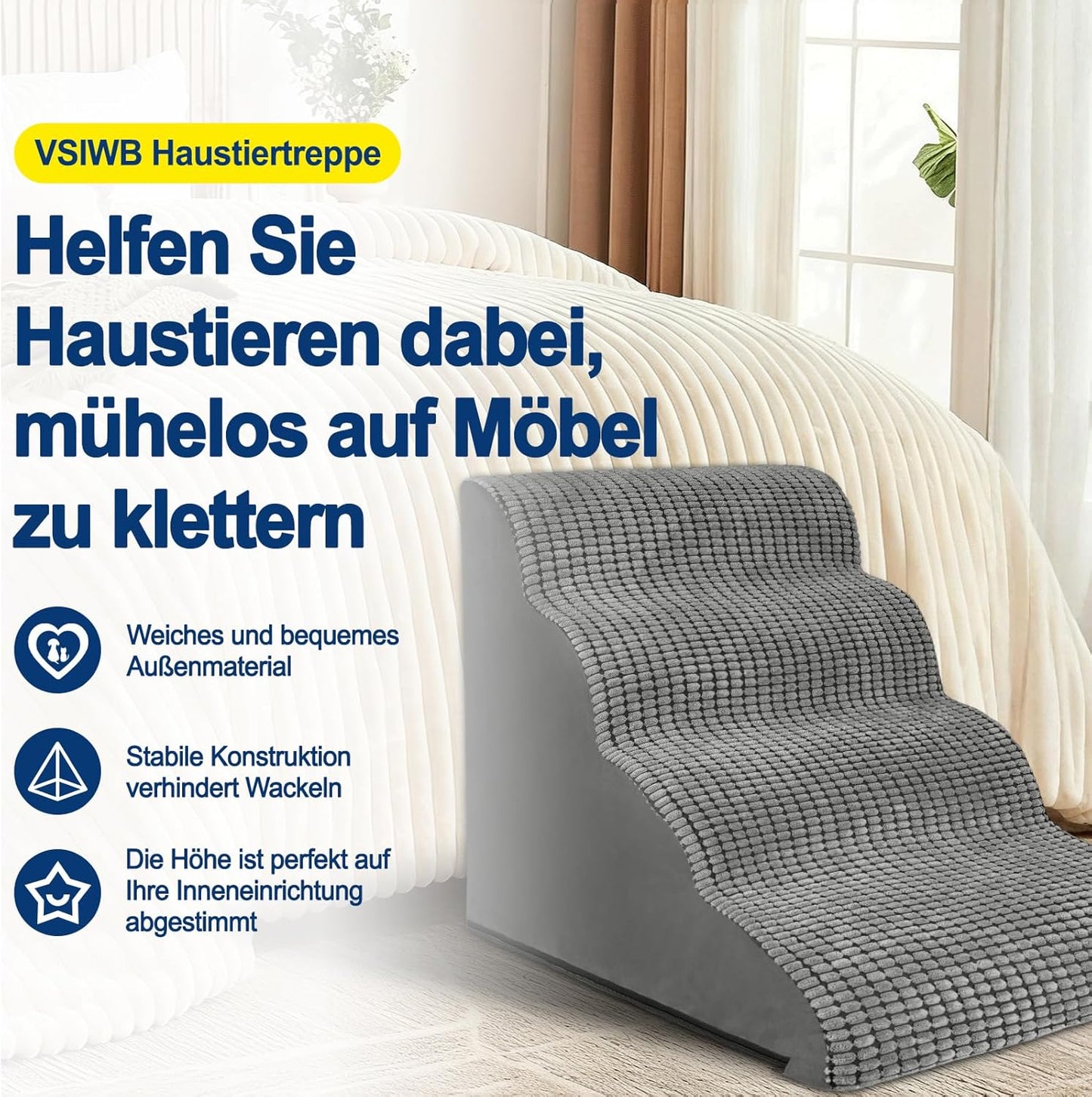 Haustiertreppe, 4 Stufen Grau Hundetreppe