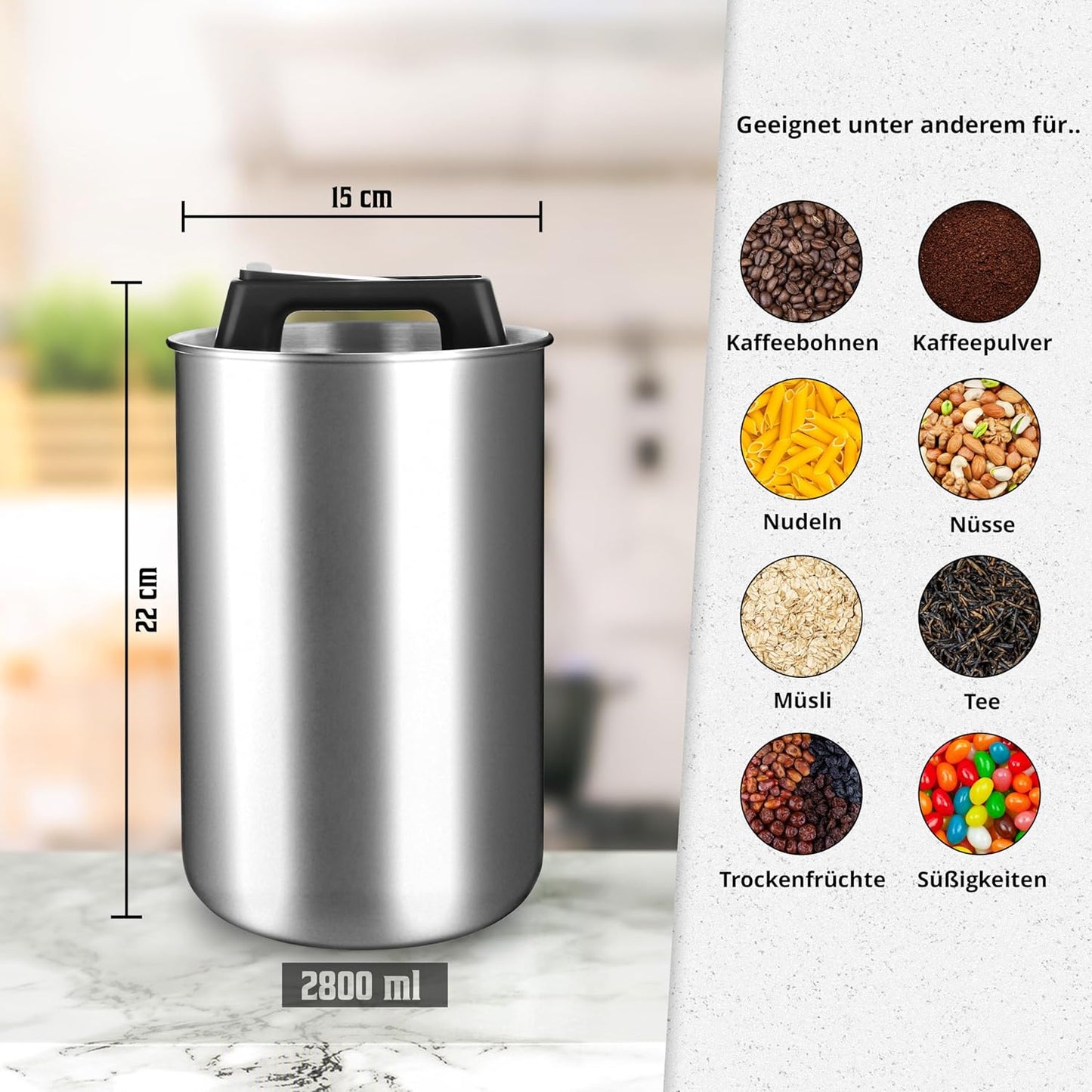 Luftdichte Kaffeedose mit Vakuumdeckel, 2800 ml, Silber