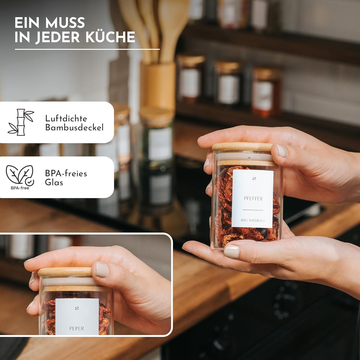 12-teiliges Vorratsgläser-Set mit Bambusdeckel, 12er Set - 230 ml