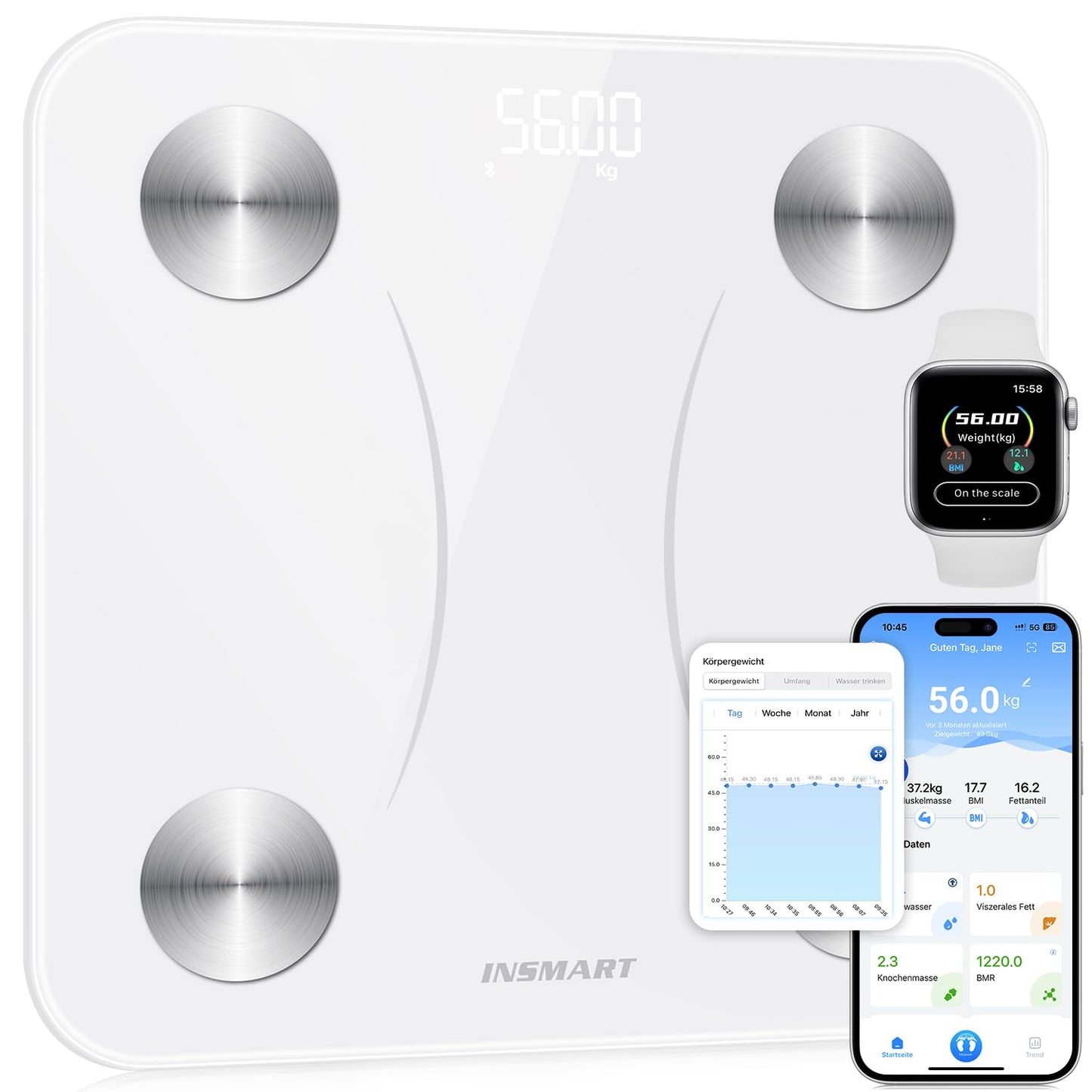Digitale Personenwaage mit Bluetooth-Funktion, Weiss (30x30)