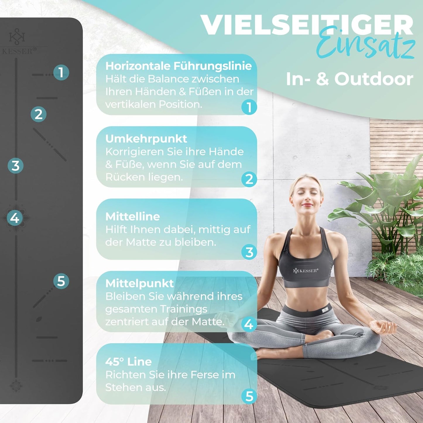 Gymnastik- und Yogamatte, rutschfest mit Tragegurt, Anthrazit / Anthrazit