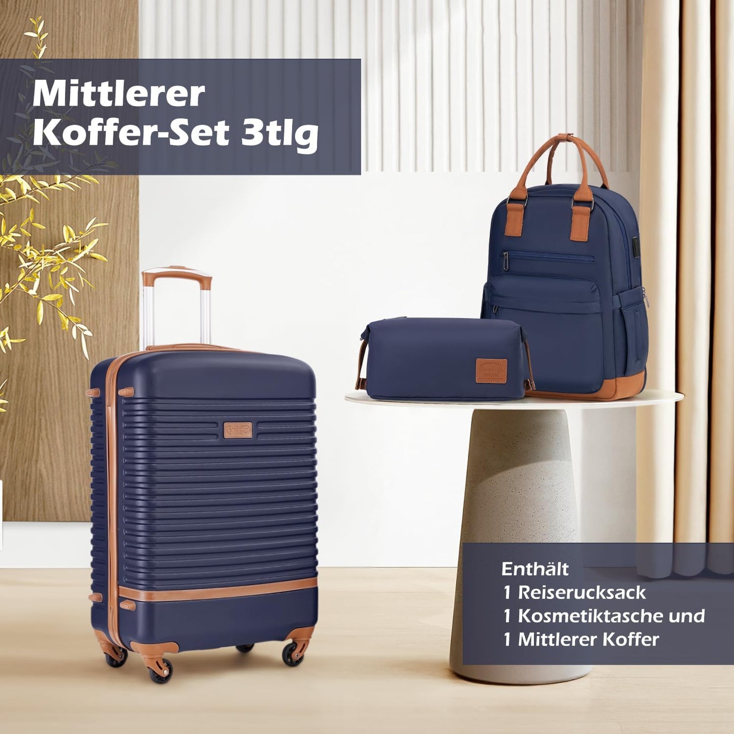 3-teiliges Reisegepäck-Set, Grosser Koffer-Set 3tlg Blau/Braun
