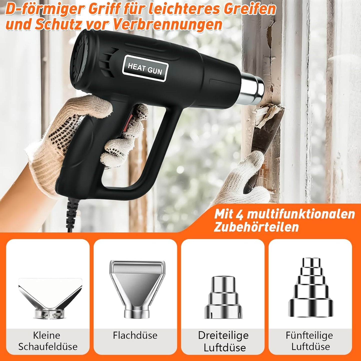 Heissluftpistole mit 4 Düsen, Schwarz