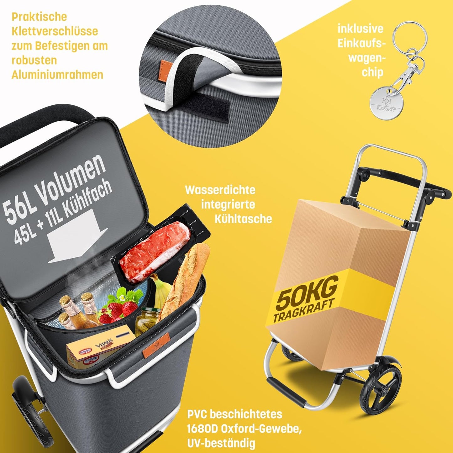 Einkaufstrolley klappbar mit Kühlfach & Treppensteiger, Anthrazit