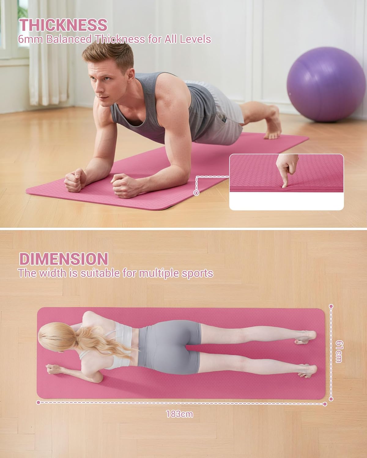 Gymnastik- und Yogamatte mit Tragegurt, Rosa/Pflaume