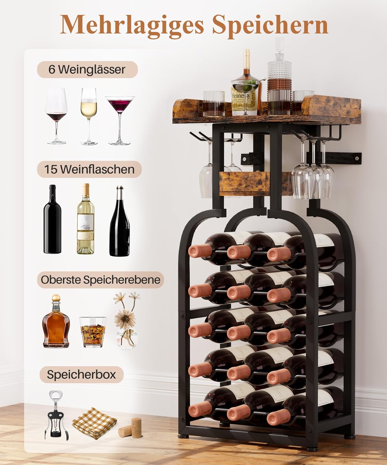 Freistehendes Weinregal für 15 Flaschen mit Glashaltern