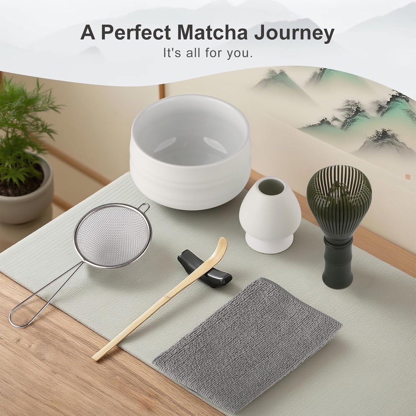 7-teiliges Matcha-Set, Flache Spitze, Mattweiß Kunststoff-Matcha-Besen, grün