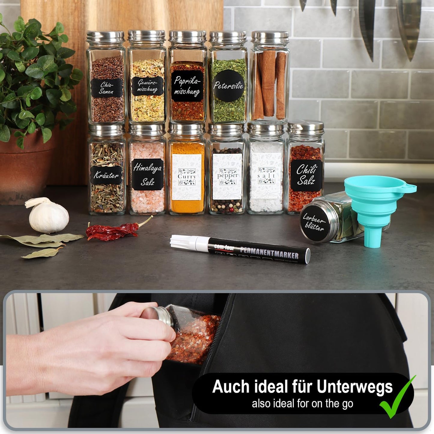 Gewürzgläser-Set mit Gewürzetiketten, 24 Stück Gläser mit Zubehör