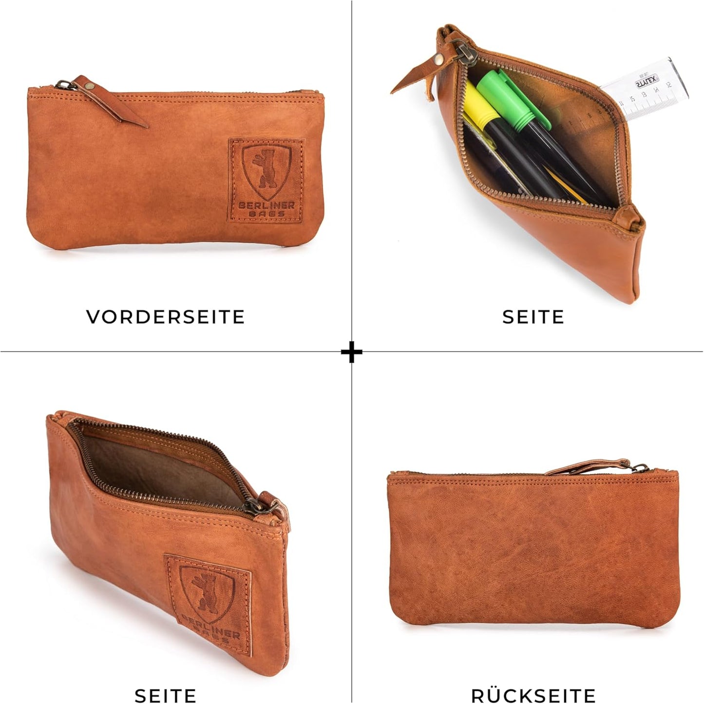 Vintage Federmäppchen aus Leder mit Reissverschluss, Braun
