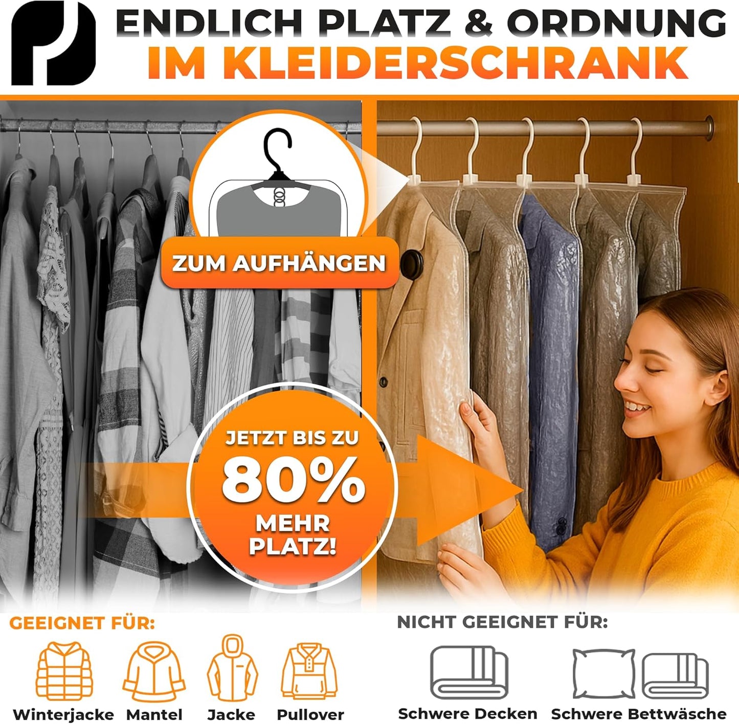 Hängende Vakuumbeutel für Kleidung, 5 Stück, Mit Hänger MIt Hänger - 5x XL (100x70cm)