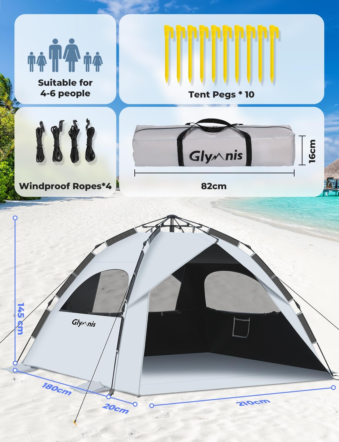 Strandmuschel Quick-Up Zelt mit UV-Schutz 50+, Silber mit schwarzem Vinyl