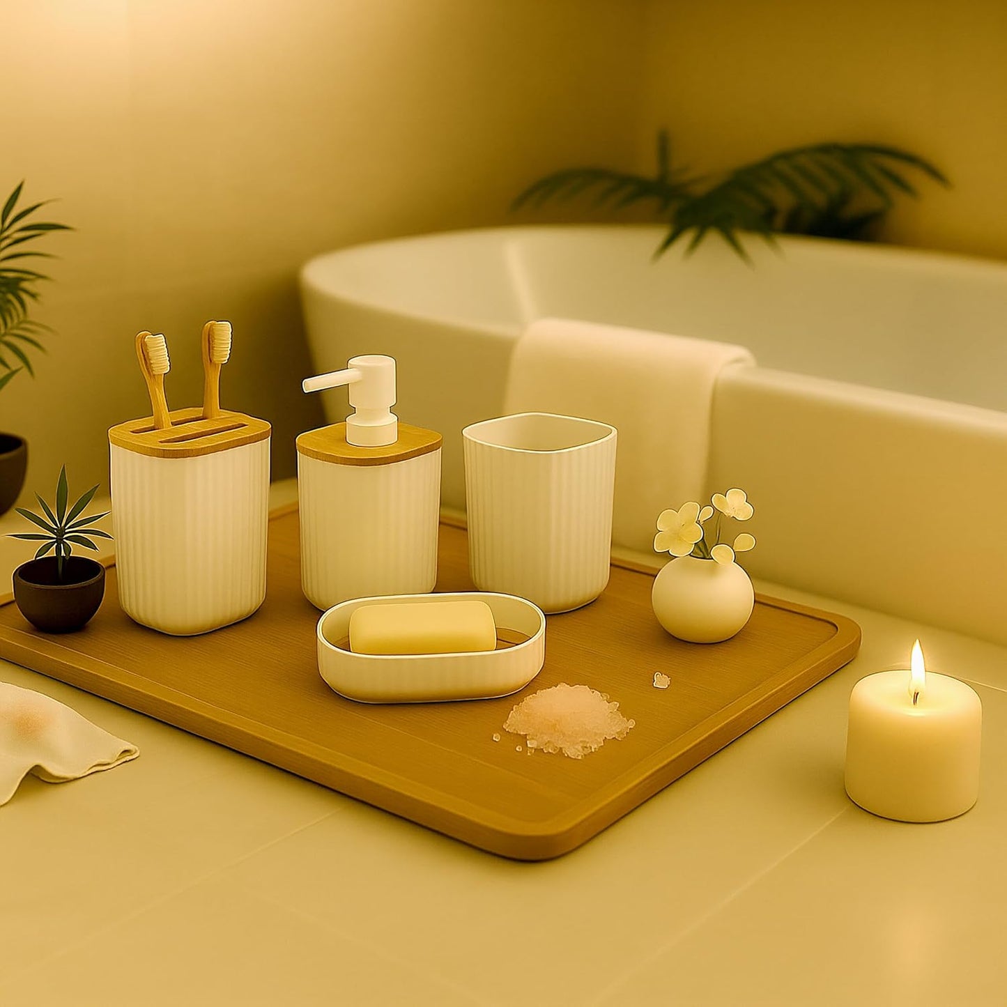 6-teiliges Badezimmer-Zubehörset, Weiss/Natur