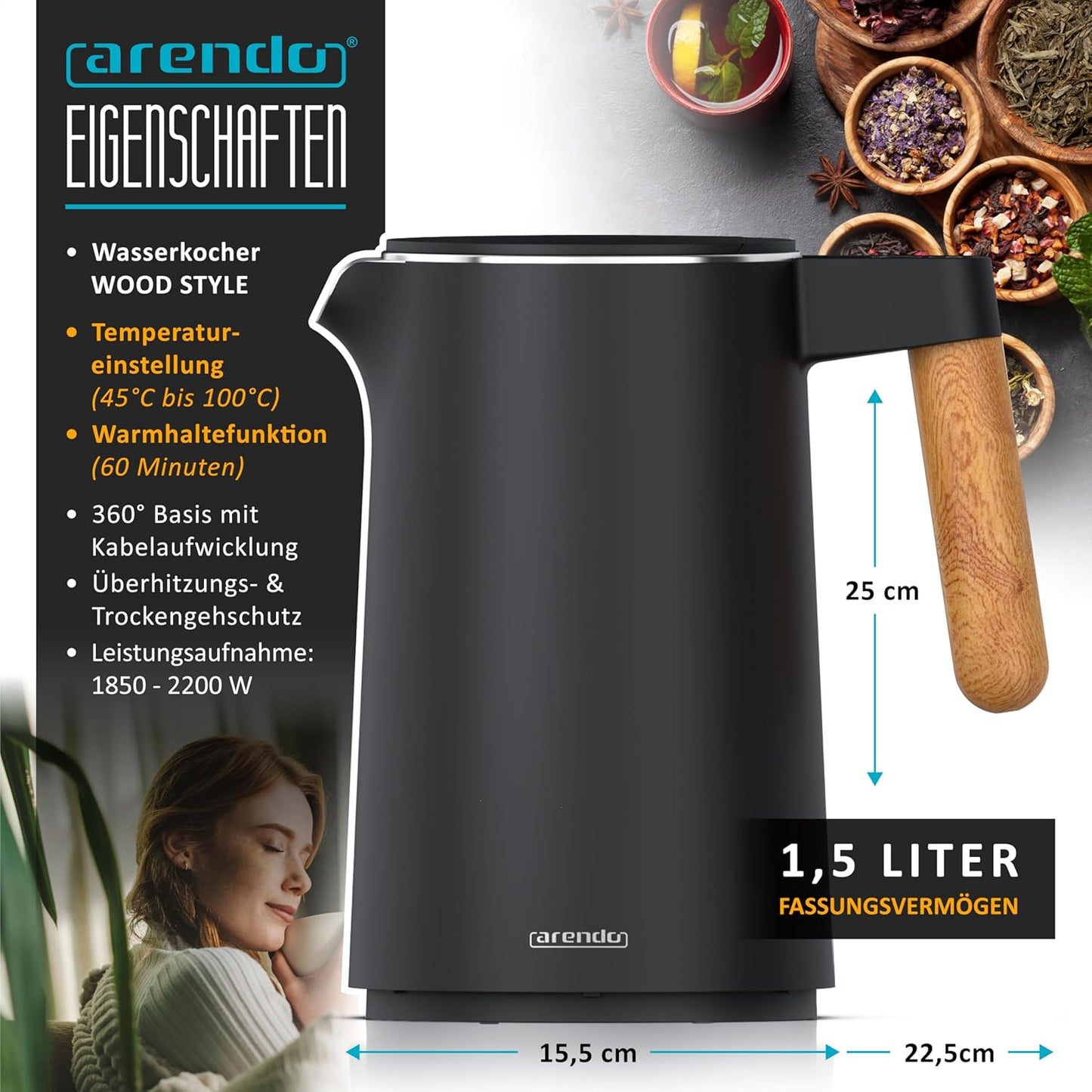 Wasserkocher mit Temperatureinstellung, A: Heller Griff