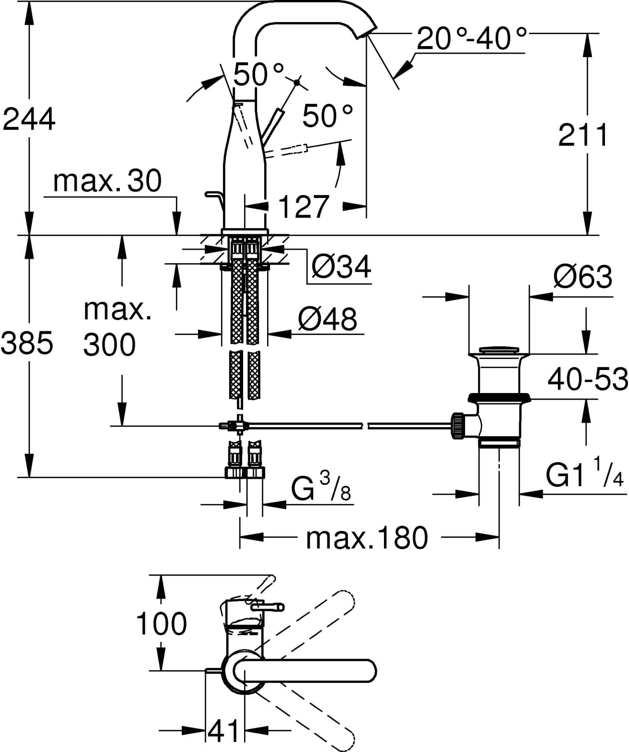 Essence Einhand-Waschtischbatterie, L, mit Zugstangen-Ablaufgarnitur, Chrom