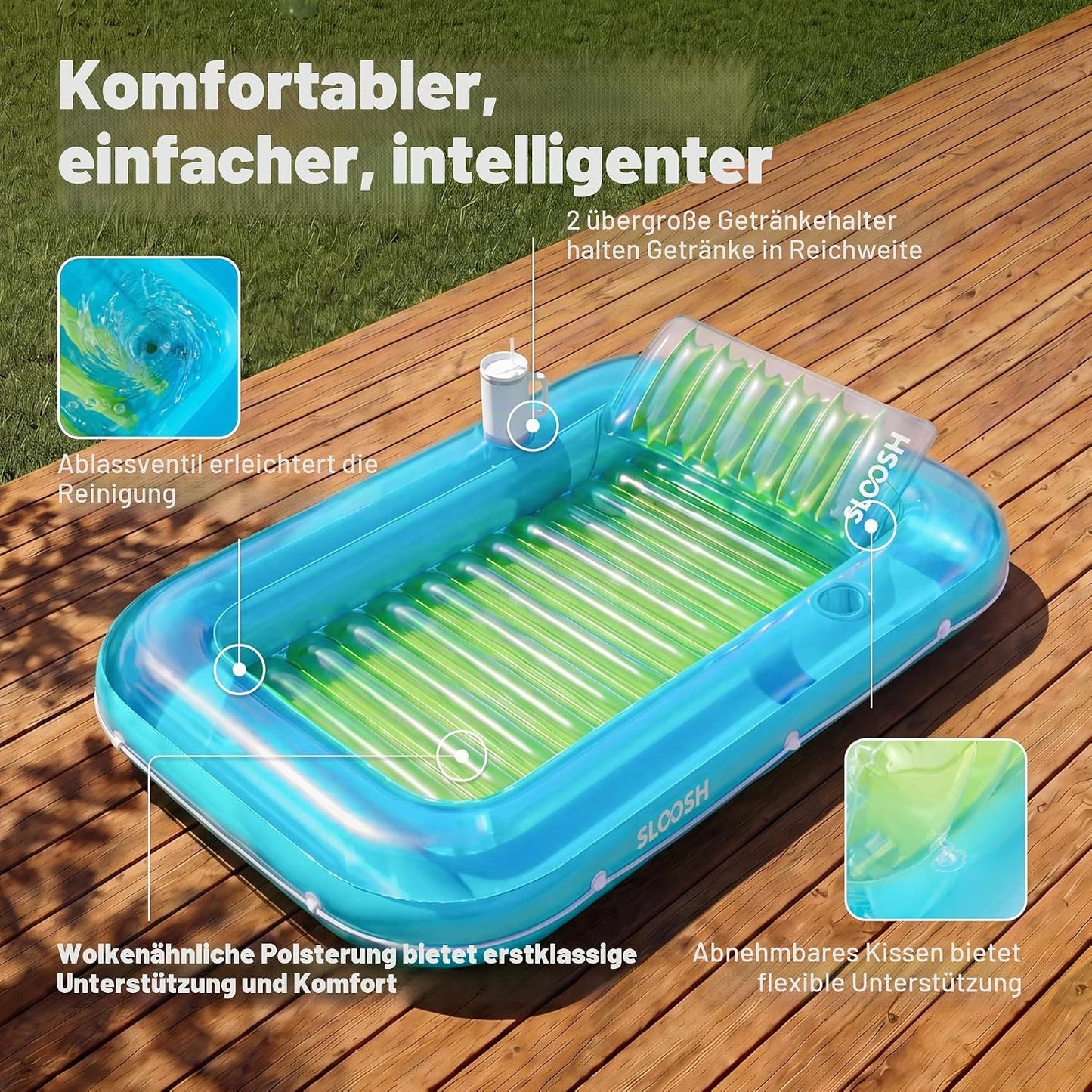 Aufblasbarer Sonnenpool mit abnehmbarem Kissen und Getränkehalter, Blau-Grün XL