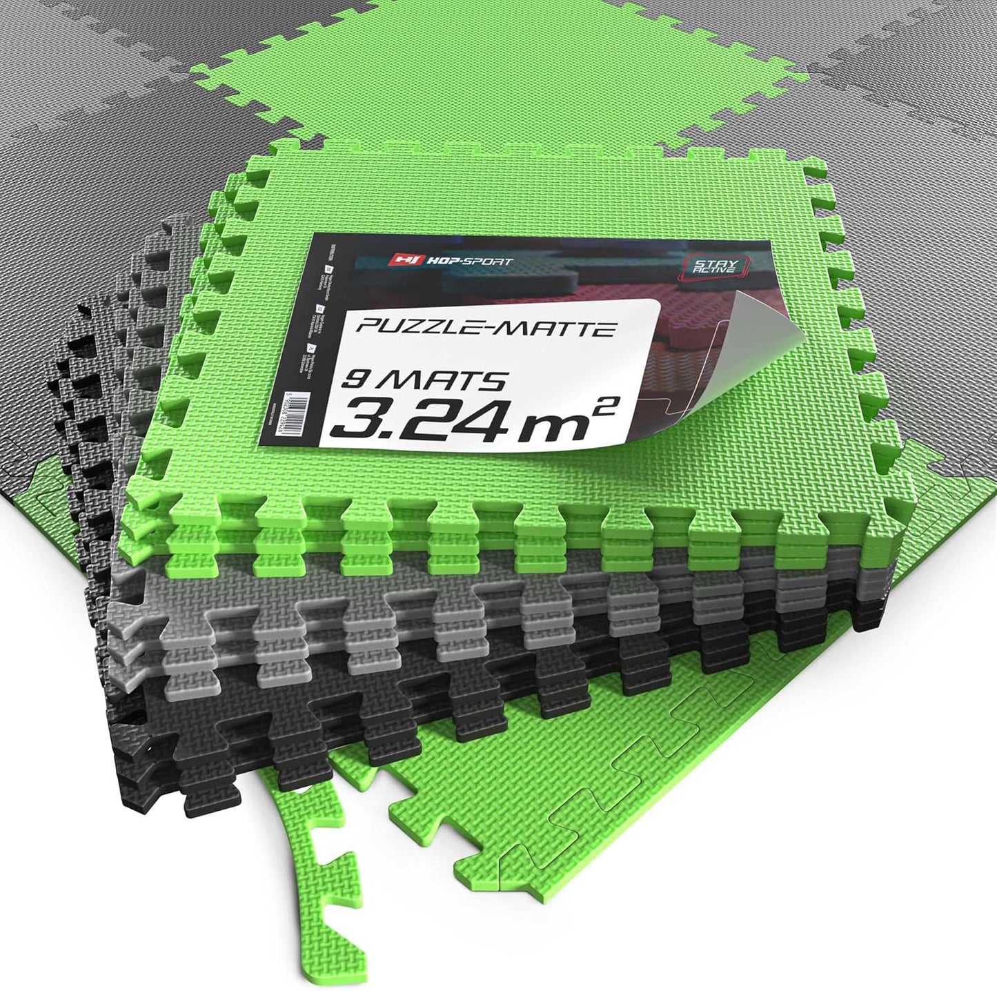 9er-Set rutschfeste Puzzlematte für Fitnessgeräte-Bodenschutz, Schwarz/Grau/Grü