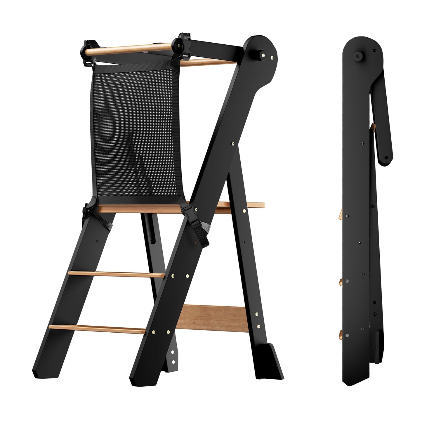 Klappbarer Lernturm, Schwarz mit Naturholz