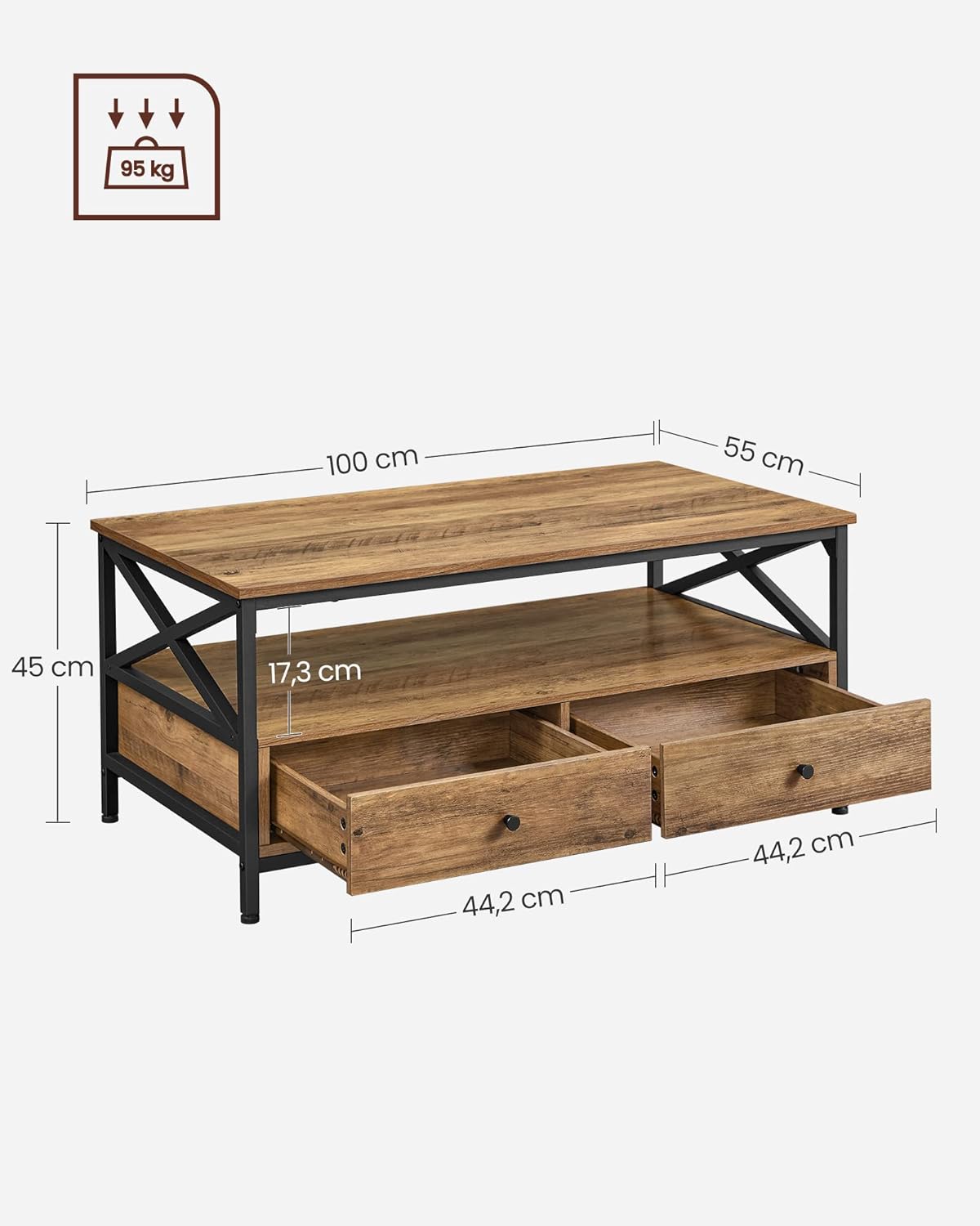 Couchtisch im Industrie-Design mit Schubladen, Braun