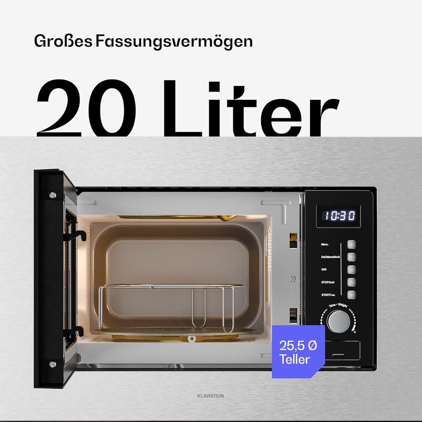 Einbaumikrowelle Verosteel mit Grill, 8 Programme, Auftaufunktion, 20L Edelstahl