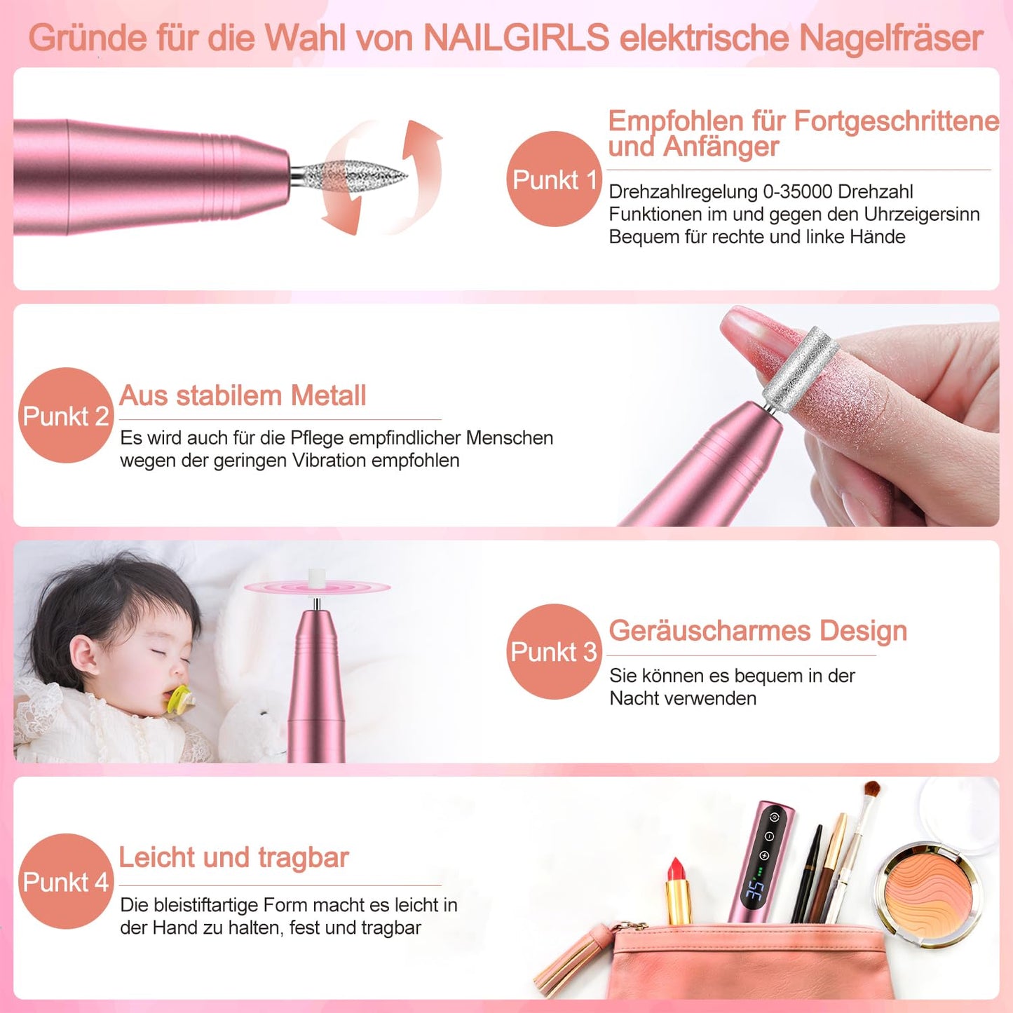 11-in-1 Nagelfräser-Set, Rosa