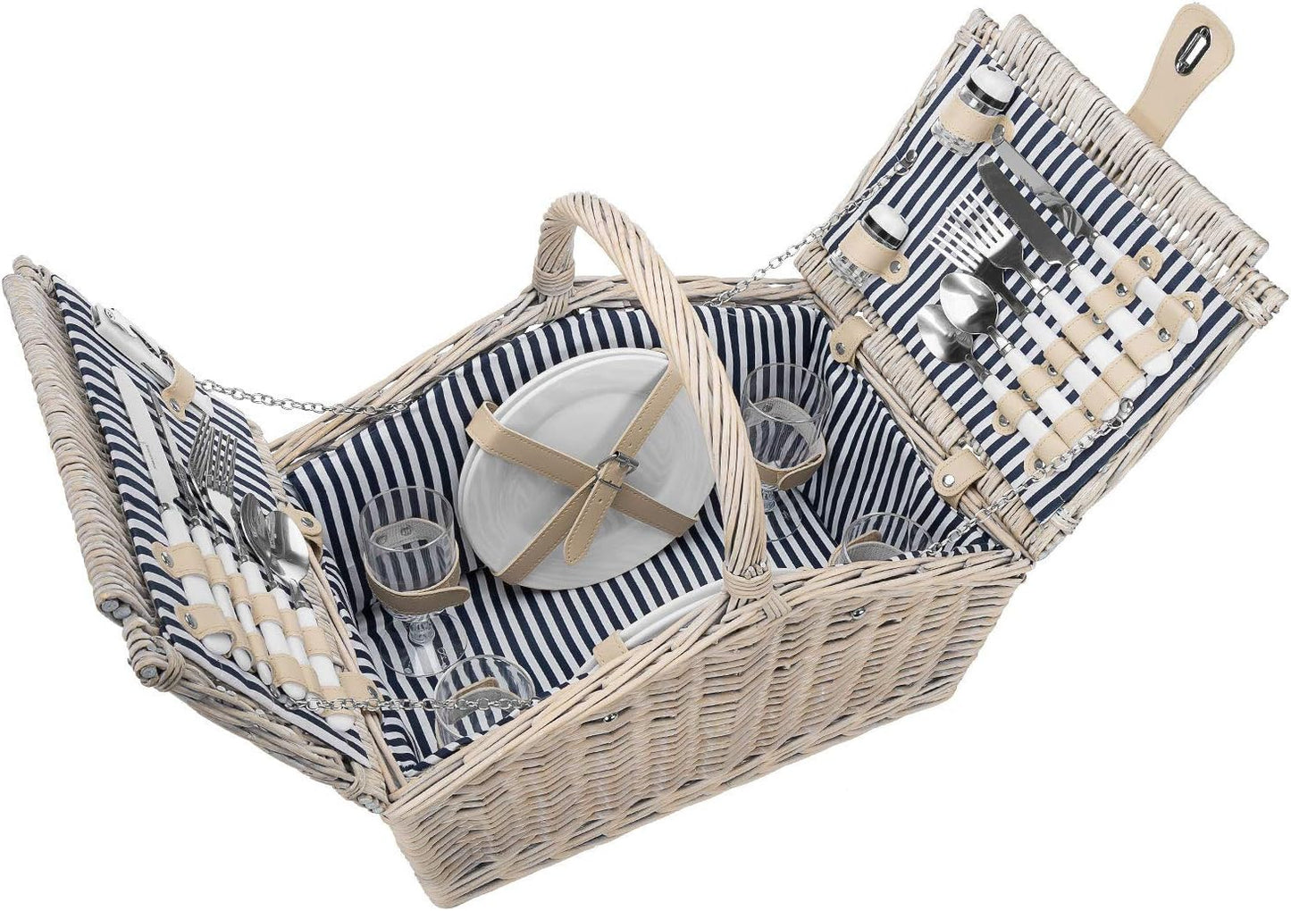 4 Personen Picknickkorb, 23-teilig, Beige - Blau Weiss