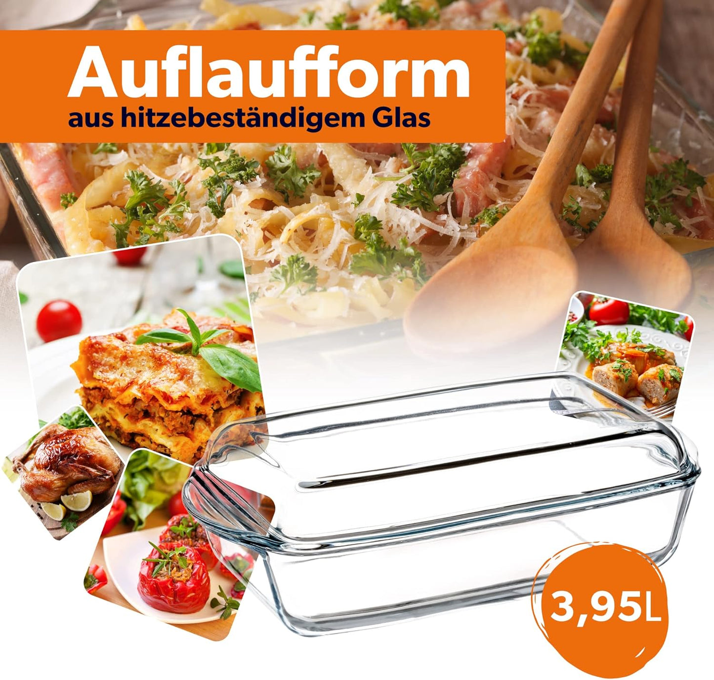 Hitzebeständige Glasauflaufform mit Deckel, Rechteckig, 3,95 l