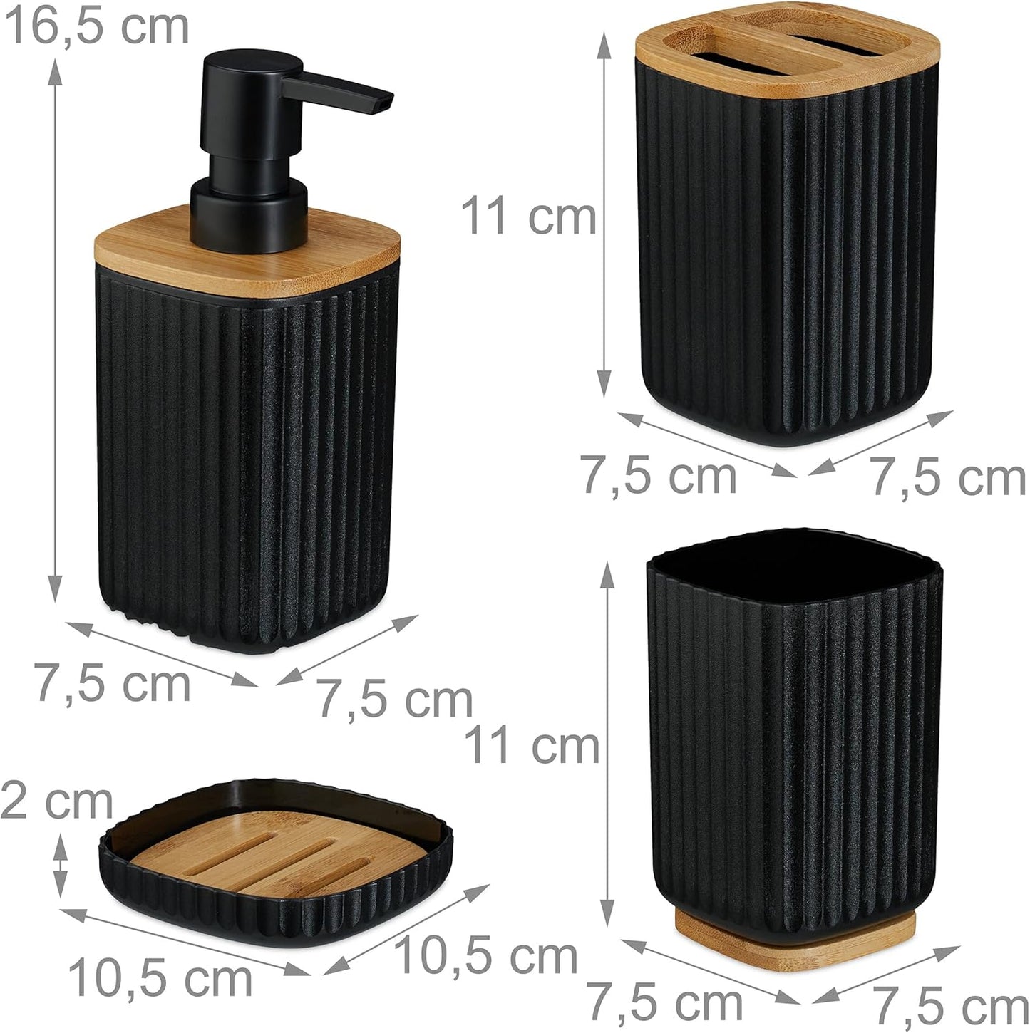 6-teiliges Badezimmer-Zubehörset, Schwarz/Natur
