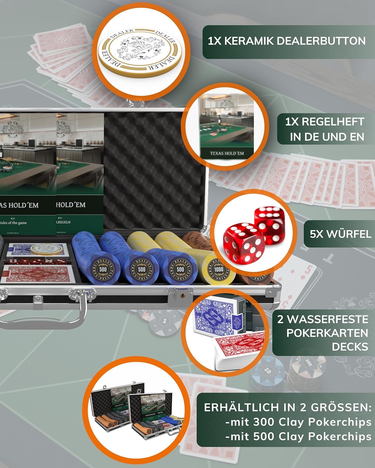 Pokerkoffer Adriana mit 500 Pokerchips, 500 Chips