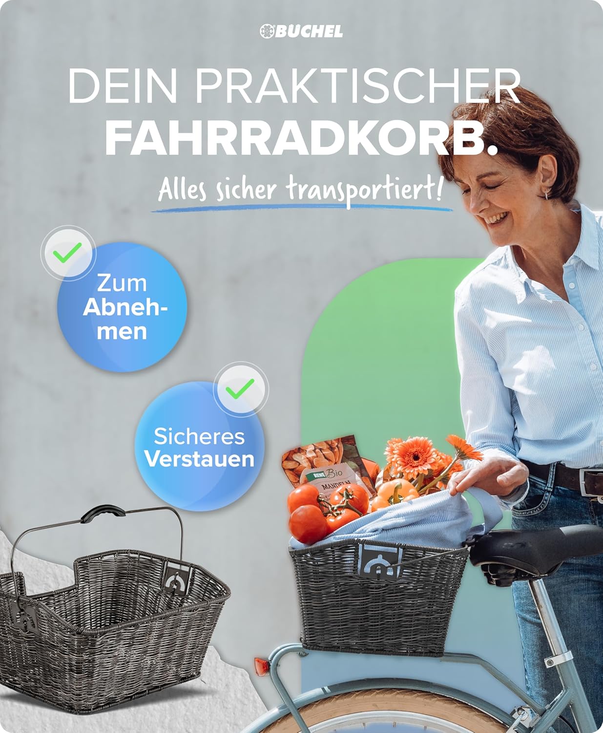 Abnehmbarer Fahrradkorb für hinten mit Halteclip, grau Single