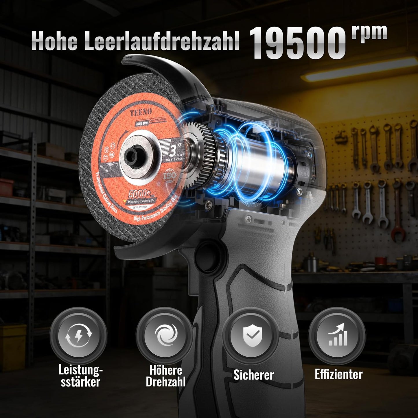 Kabelloser Winkelschleifer T-3608 mit 2 Akkus und 6 Scheiben, Grauer Winkelschleifer
