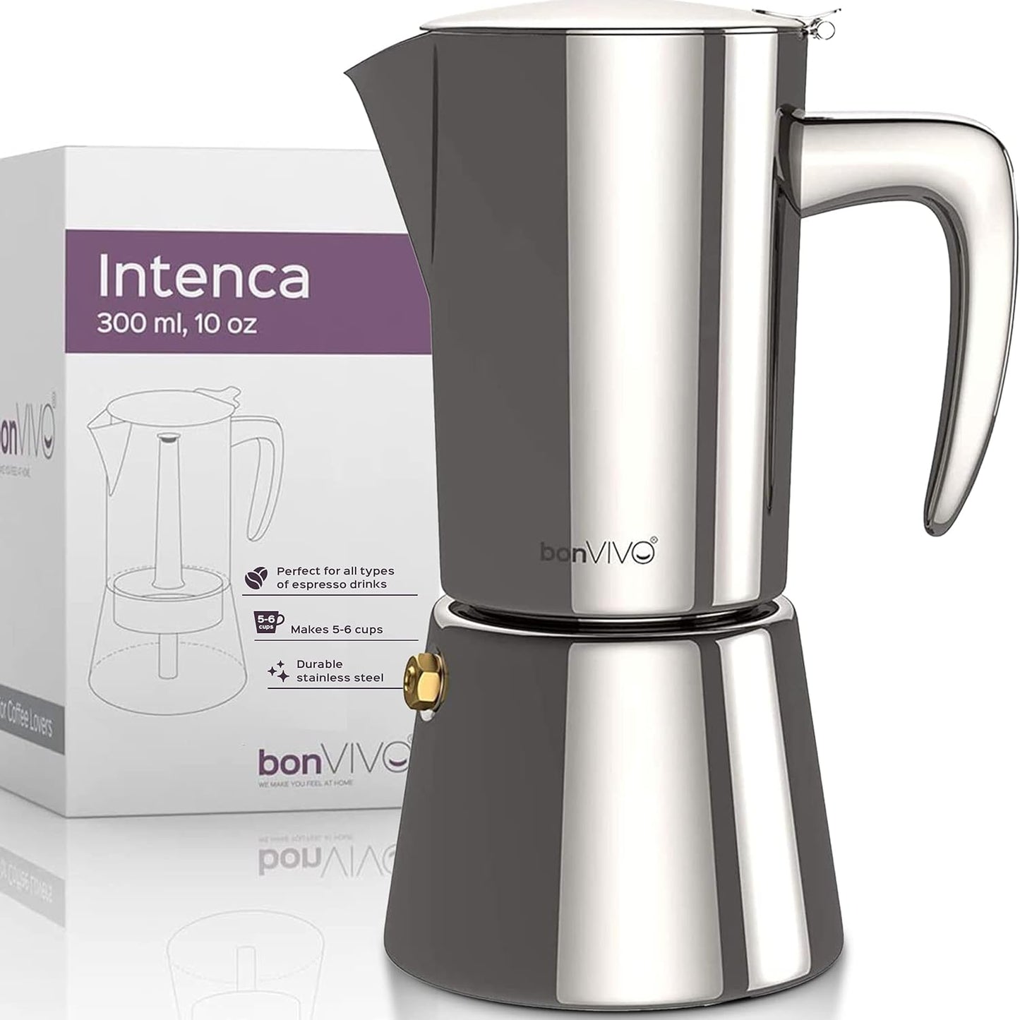 Intenca Espressokocher für Induktion, Silber (Chrom), 6 Tassen 300ml