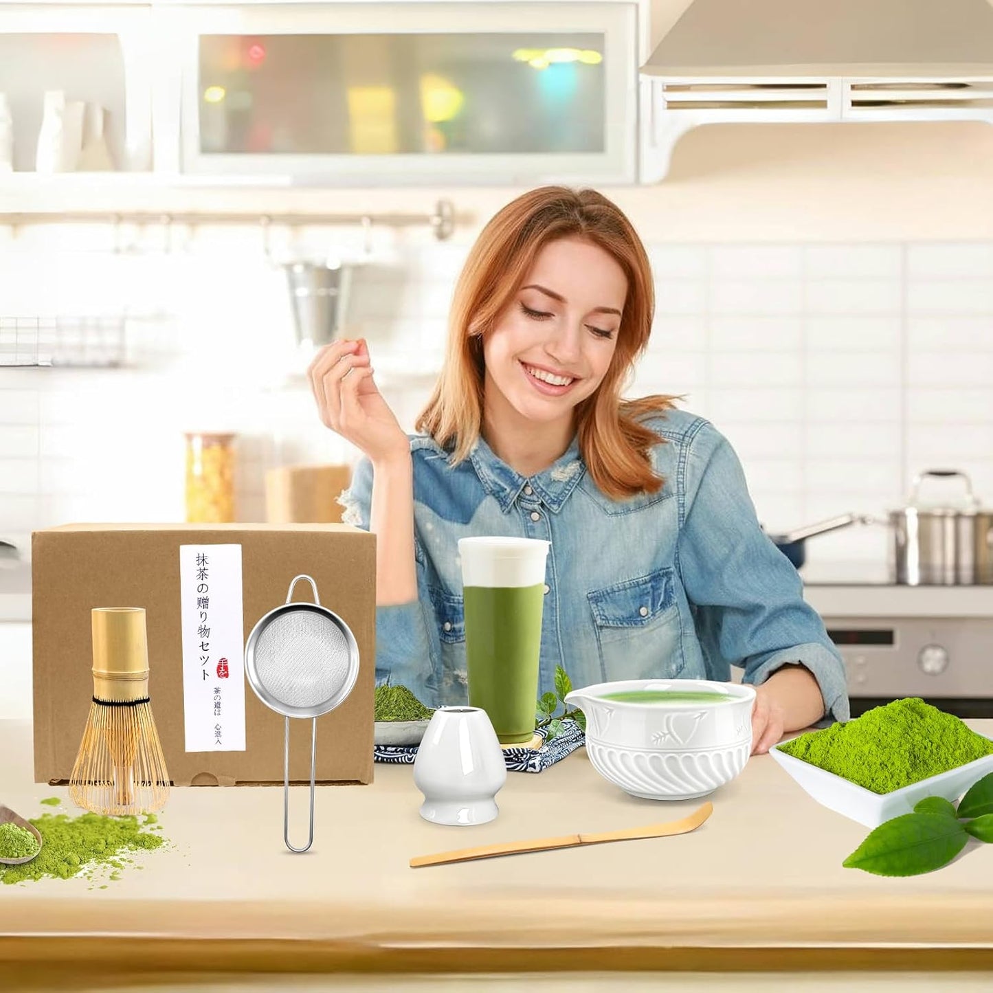 Matcha Tee-Set mit Schale & Zubehör (5-teilig), Weiß