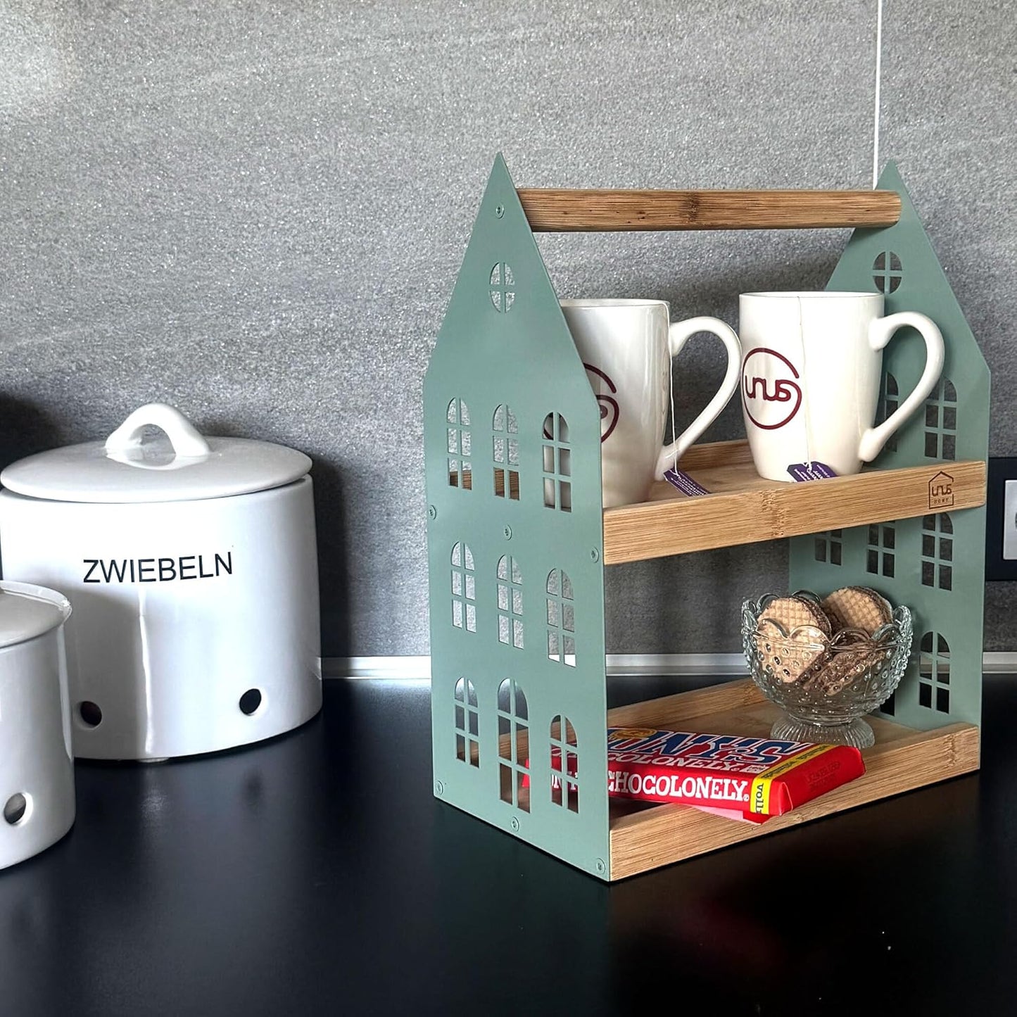 Haus-Etagere mit 2 Etagen und Griff, Grün 16 x 26.5 x 34 cm