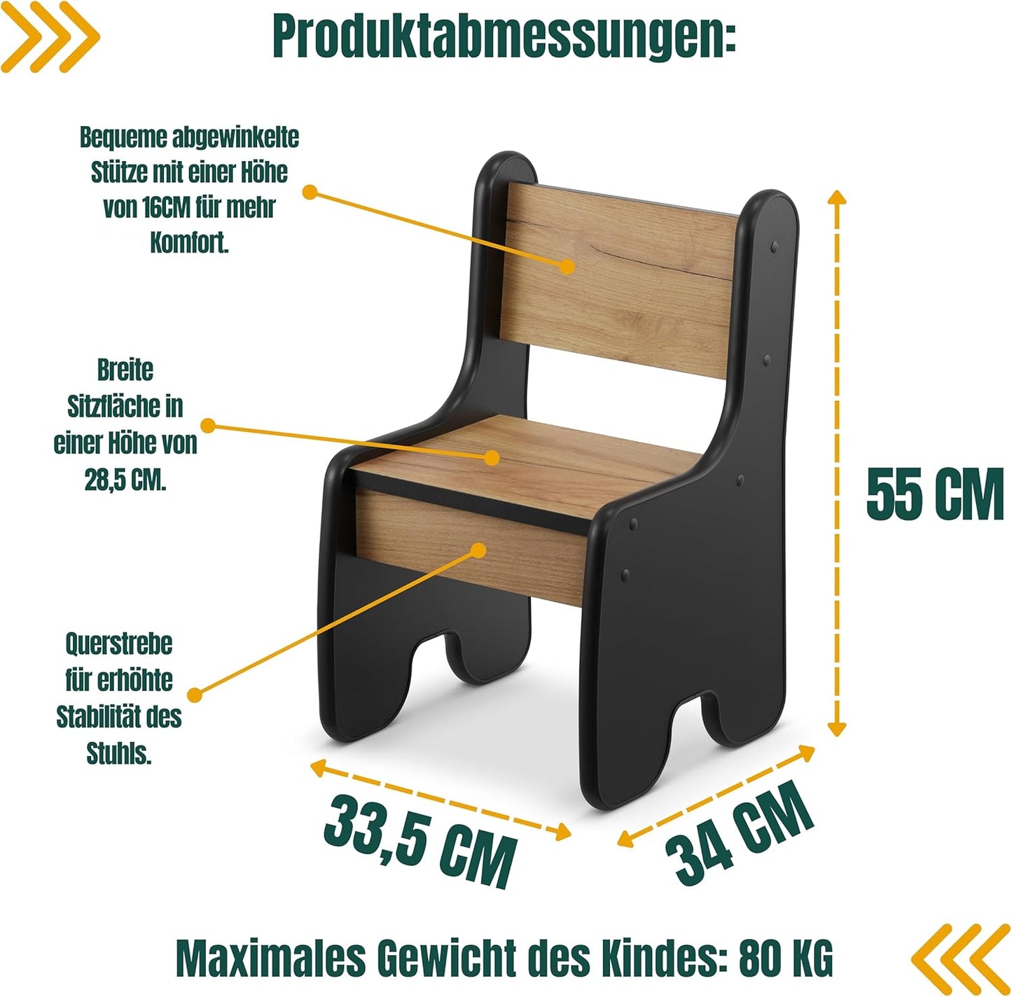 Kindertisch und Stuhl Set - Stabil & Langlebig, 1 Stuhl und Tisch Schwarz + Eiche