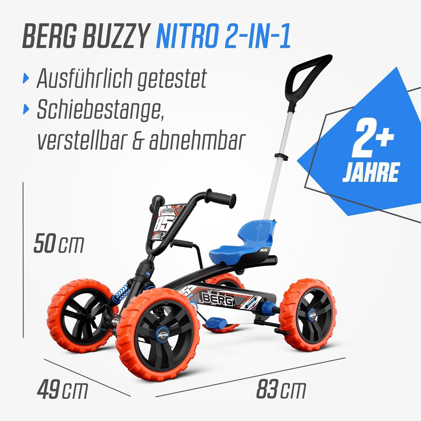 Pedal-Gokart Buzzy 2-in-1 mit Schubstange, Blue/Orange